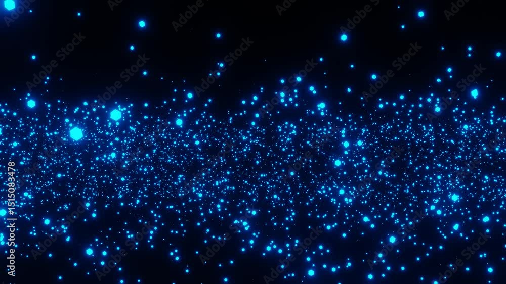 Poster abstract background round blue glowing particles moving on black background 3d render looped animati