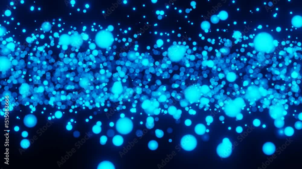Poster abstract background round blue glowing particles moving on black background 3d render looped animati