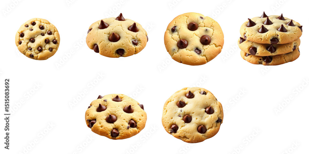 Poster variety of chocolate chip cookies on transparent background featuring different shapes and sizes wit