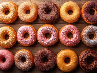 Assorted Colorful Donuts Displayed On Wooden Surface Arrangement