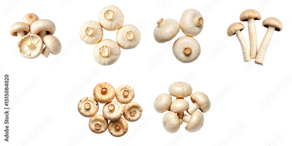 Poster variety of fresh white mushrooms displayed on a transparent background including round caps and stem