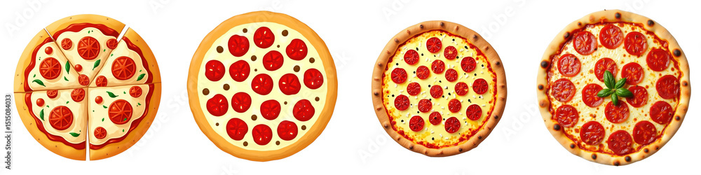 Poster collection of various pepperoni pizzas featuring different crust styles and toppings on a transparen