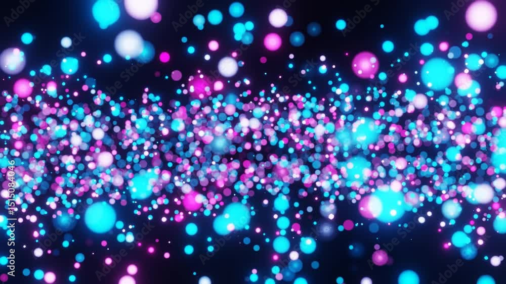 Poster abstract background round blue and purple glowing particles moving on black background 3d render loo