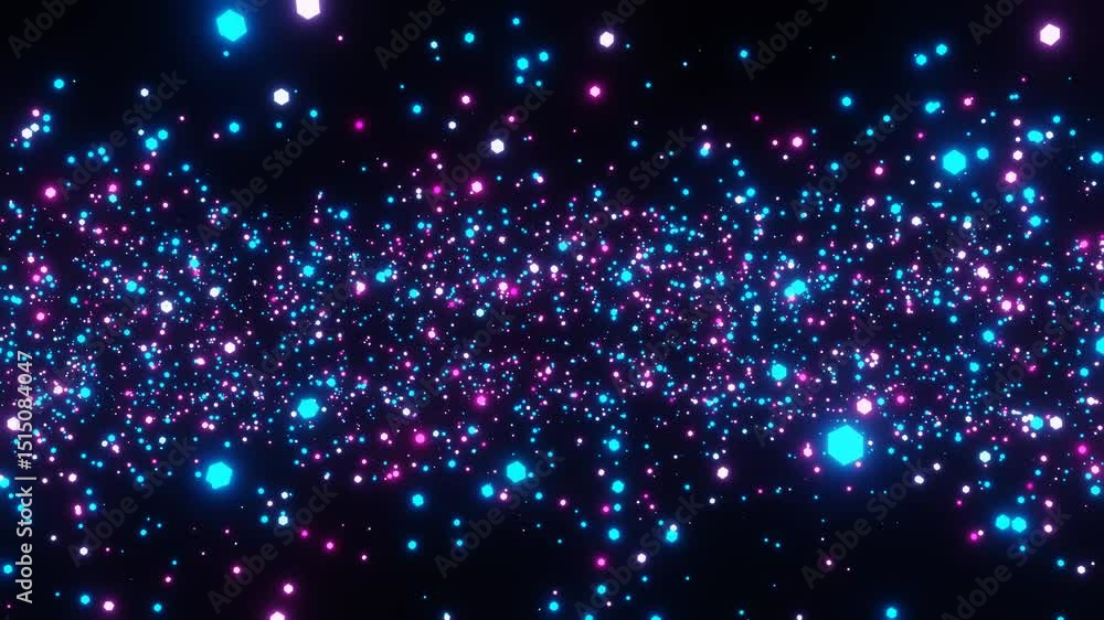 Poster abstract background round blue and purple glowing particles moving on black background 3d render loo