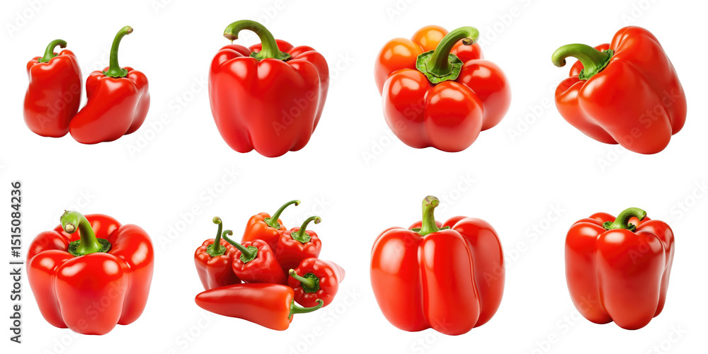 Poster collection of fresh red bell peppers in various shapes and sizes on transparent background showcasin