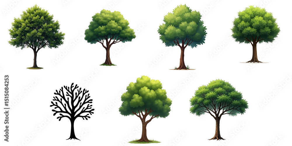 Poster collection of colorful tree illustrations featuring various leafy canopies and trunks with different