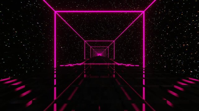 camera flyby inside tunnel of purple neon glowing rectangular frame against starry night sky background. 3d render looped animation