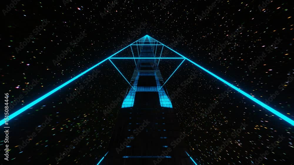 Aufkleber camera flyby inside a tunnel made of a rectangular frame glowing with blue neon light against the ba