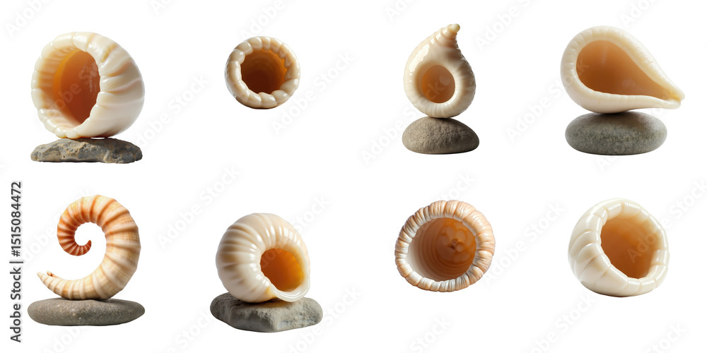 Poster variety of beautiful shells displayed on smooth stones against a transparent background artfully arr
