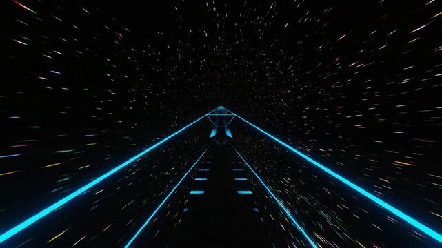 camera flyby inside a tunnel made of a rectangular frame glowing with blue neon light against the background of a starry night sky. 3d render looped animation