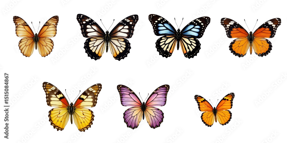 Poster collection of colorful butterflies featuring seven unique species with detailed patterns on a transp
