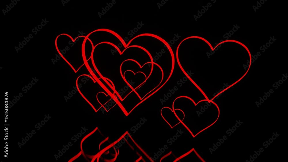 Poster 3d red glossy outlines in the form of a heart symbol rotates on a black background. 3d render looped