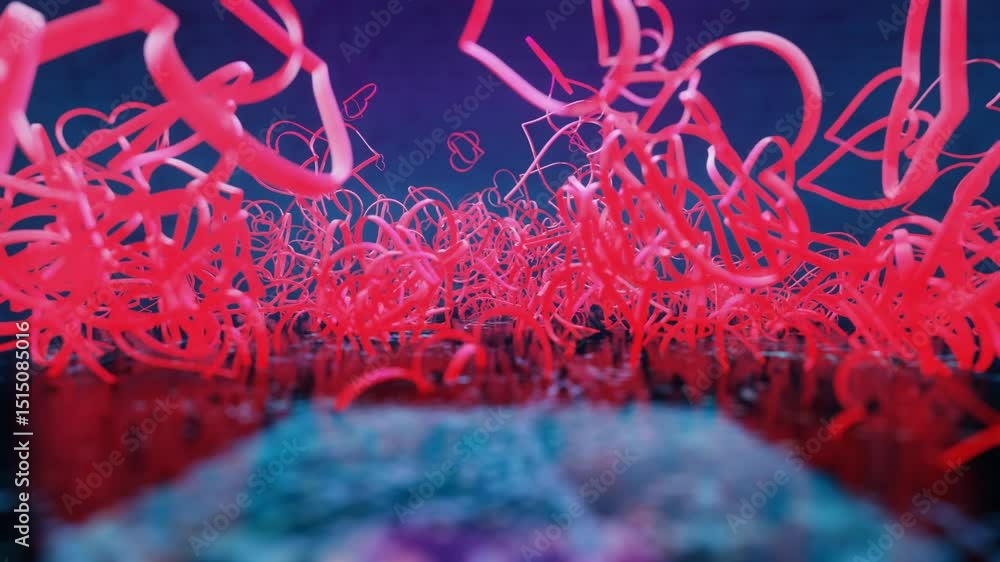 Poster fast camera rotation around chaotically moving heart symbols. 3d render looped animation