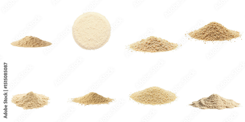 Poster variety of food powders displayed on a transparent background featuring nine distinct piles of diffe