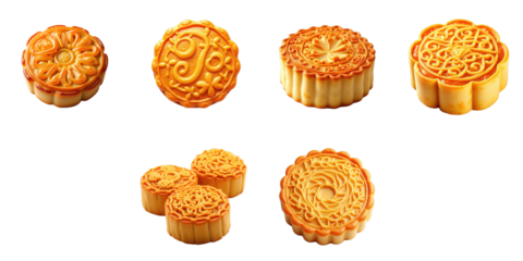 Assorted Mooncakes with Intricate Patterns and Textures on a transparent Background Featuring Floral and Geometric Designs in Rich Golden Brown Colors