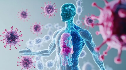 3D Render Human Anatomy with Viral Infection, Composition X-Ray Style, Concept Immune System vs Virus, Respiratory System Impact Viral Infection, Immune System