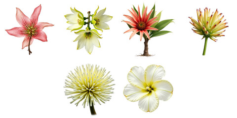 Vibrant Collection of Various Flowers Including Pink, White, and Yellow Blooms with Unique Petal Structures on a transparent Background Ideal for Digital Design Projects and Floral Themes