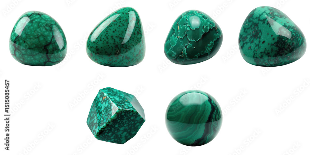 Poster collection of polished green gemstones showcasing varied shapes and unique patterns with intricate v