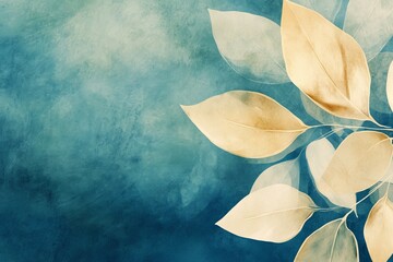 Background of beige leaves on a blue textured background.