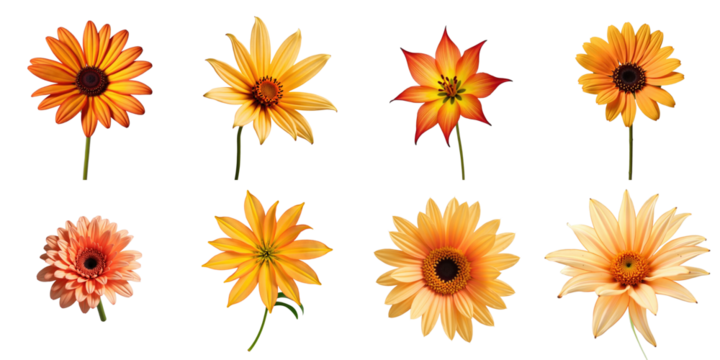 Assorted Floral Collection Featuring Vibrant Orange and Yellow Flowers on transparent Background with Various Petal Shapes and Textures, Perfect for Design or Decoration Use