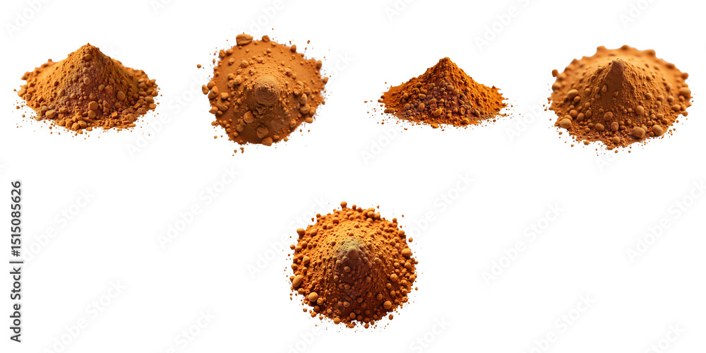 Poster collection of five distinct piles of orange-brown powdered material arranged in a line, showcasing v