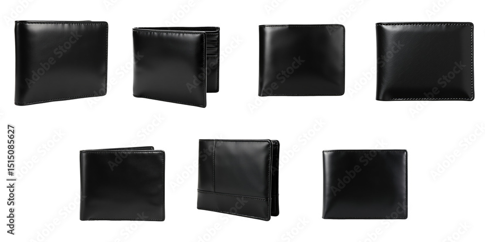 Poster collection of transparent wallets displaying various styles and orientations with sleek, glossy fini