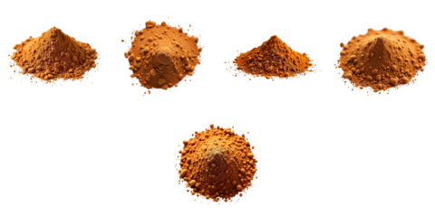 Collection of five distinct piles of orange-brown powdered material arranged in a line, showcasing various textures and sizes against a transparent background.