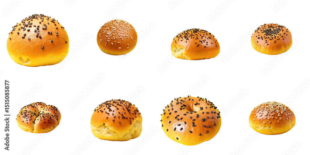 Poster collection of varied round bread rolls with sesame and poppy seeds on a transparent background featu