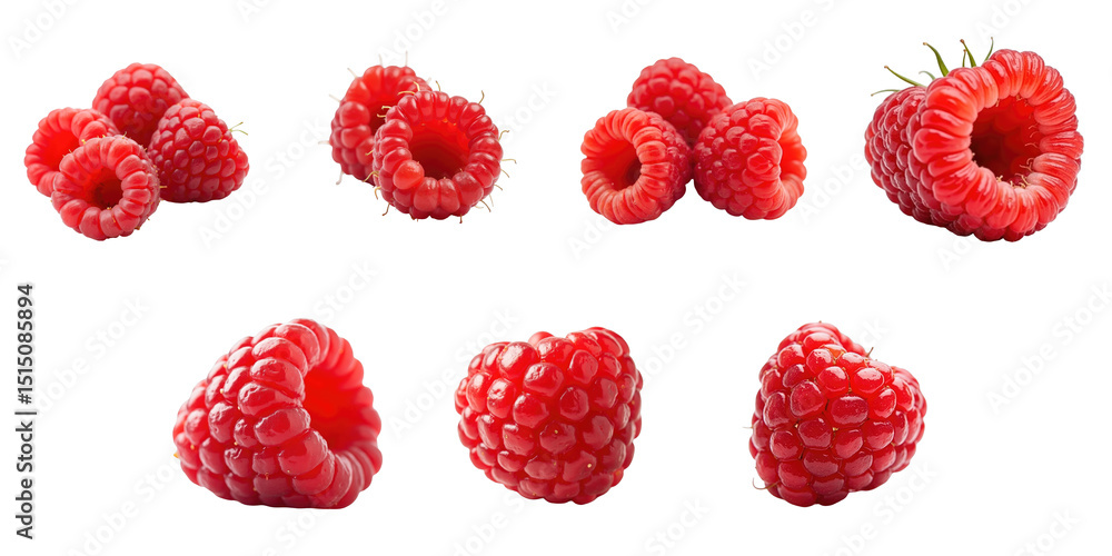 Poster collection of vibrant red raspberries displayed on a transparent background featuring various shapes