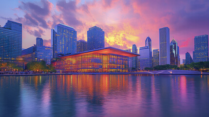 Fototapeta premium vibrant city skyline at sunset with colorful reflections on water