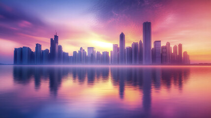 vibrant city skyline is reflected in calm water during sunset, creating serene atmosphere