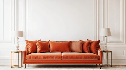 Orange Velvet Sofa in Classic Interior, Wall Mockup, Room Design, Home Decor, Pillow Arrangement Home Decor, Interior Design