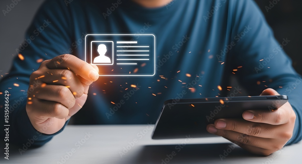 Aufkleber secure digital identity management person holding virtual id card using tablet technology for online