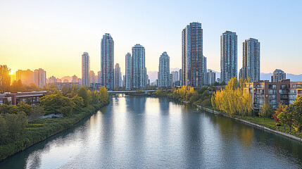 Obraz premium stunning city skyline with tall buildings reflecting in calm river at sunset