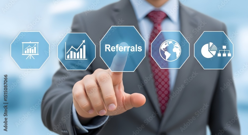 Poster businessman using digital interface showing referrals growth global network marketing strategy and s