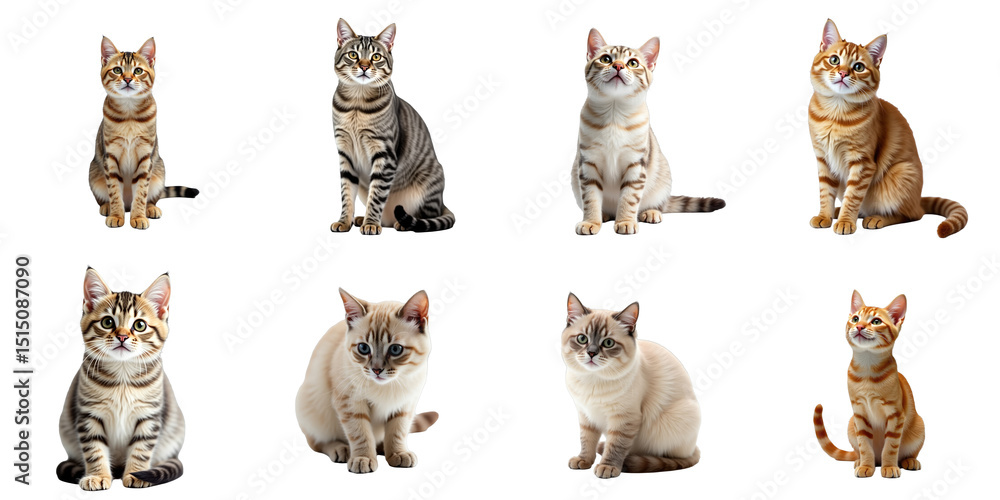 Aufkleber Colorful Cat Collection Featuring Eight Distinct Breeds Displayed on a transparent Background, Each Cat Showcasing Unique Patterns and Expressions in a Sitting Position