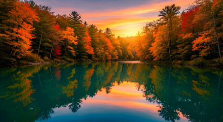 Fototapeta premium Picturesque Autumn Landscape Reflected on Tranquil Lake At Sunset