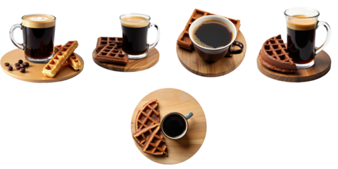 Coffee and Waffle Delight Featuring Assorted Beverage Cups and Waffles on Wooden Platters with Dark Background for an Elegant Presentation