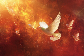 Doves in Ethereal Fiery Landscape