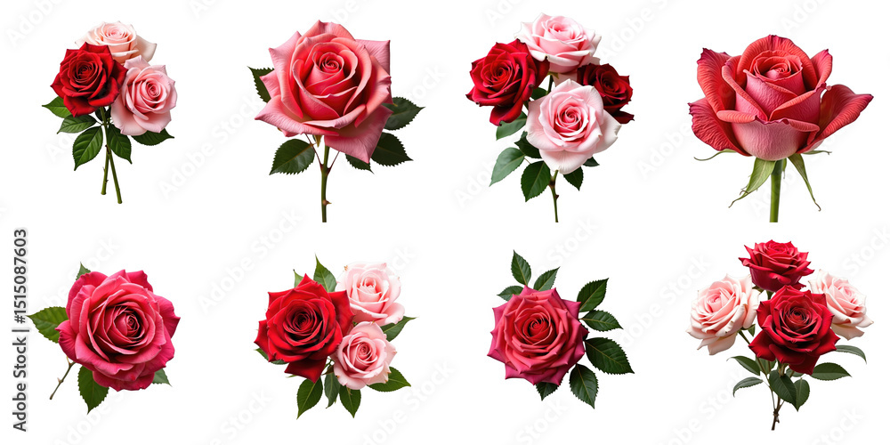 Poster collection of eight varied roses displayed on transparent background featuring different colors and 