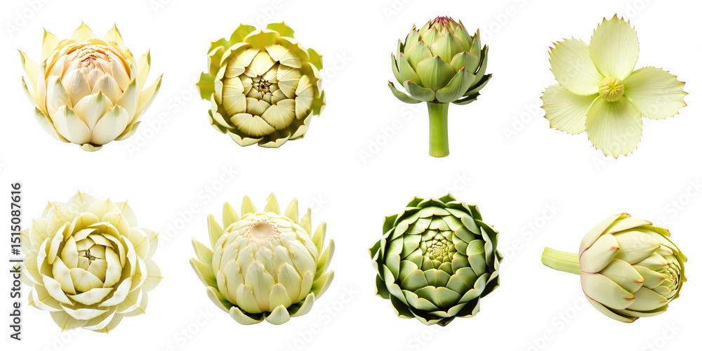Poster variety of artichokes and lotus flowers arranged in a grid pattern on a transparent background featu