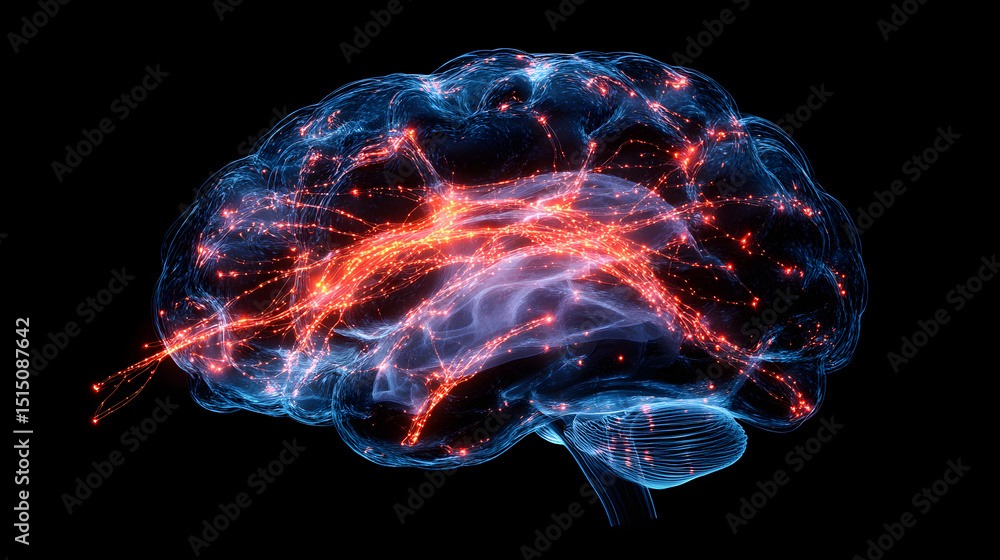 Poster a digital rendering of a human brain with highlighted neural pathways and electric activity, visuali