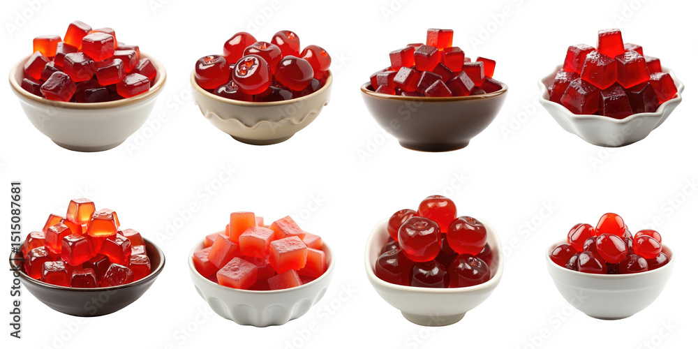 Aufkleber assorted bowls of red gelatin cubes displayed on a transparent background featuring various shapes a