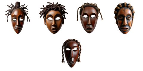 Collection of Five Distinct Wooden Masks with Varied Hairstyle Details and Unique Expressions Set Against a transparent Background