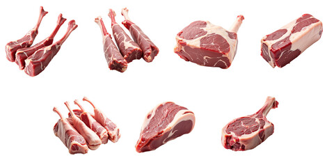 Collection of Various Cuts of Raw Meat on transparent Background Featuring Lamb Chops, Ribeyes, and Chunks for Culinary Use in Cooking or Butchery Displays © The 2R Artificiality