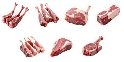 Collection of Various Cuts of Raw Meat on transparent Background Featuring Lamb Chops, Ribeyes, and Chunks for Culinary Use in Cooking or Butchery Displays