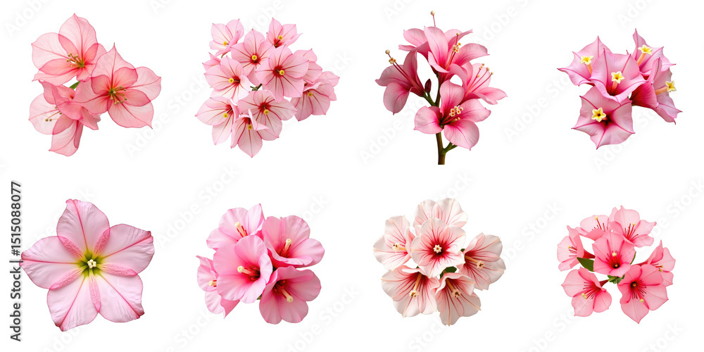Poster collection of pink flowers displaying variety of shapes and sizes with delicate petals on a transpar