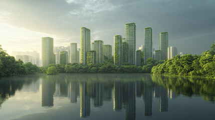 Fototapeta premium futuristic vision of green city with modern buildings and lush greenery reflecting in water