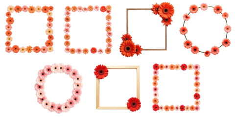 Collection of Decorative Flower Frames Featuring Various Floral Designs in Circular and Rectangular Shapes with Vibrant Orange, Pink, and Red Gerbera Daisies on a transparent Background