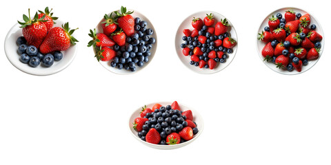 Arrangement of White Bowls Filled with Fresh Strawberries and Blueberries on a transparent Background Showcasing Varied Compositions of the Fruit for Culinary and Design Use
